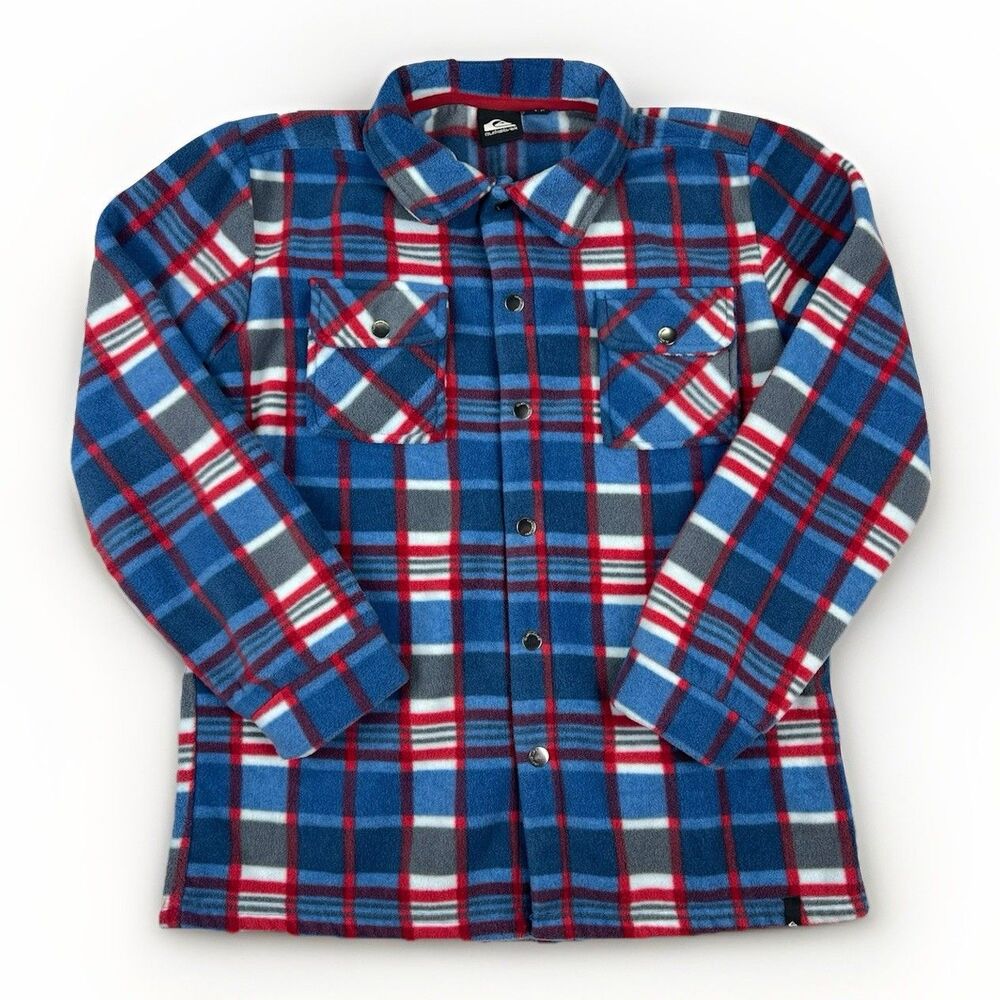 Quicksilver Boys Fleece Shirt Jacket Plaid Red Blue Snap Button Youth 15/16 Surf